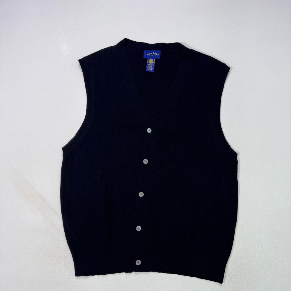 Club Room Mens L Black 100% Lambswool Button Cardigan Sweater Vest Grandpa Cabin